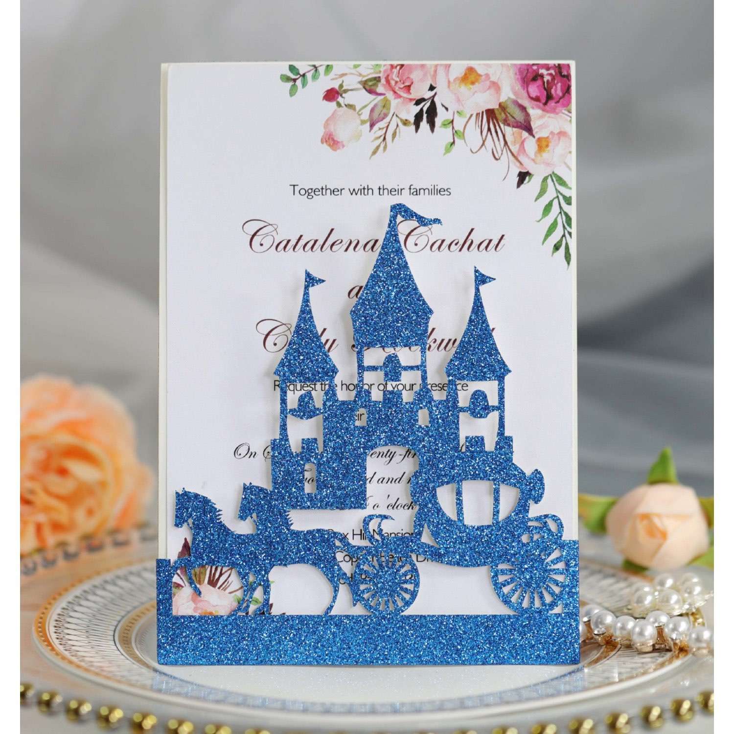 Wedding Card Design Laser Cut Castle And Carriage Invitation Glitter Card